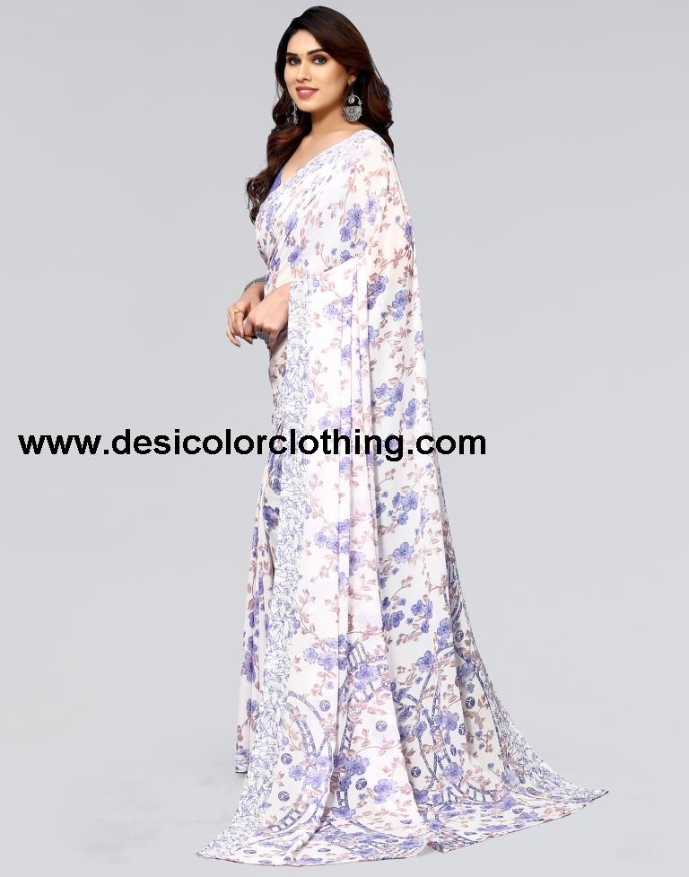 White Printed Georgette Saree