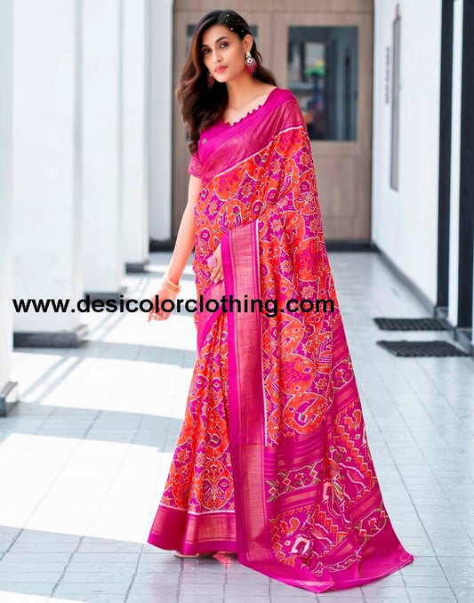 Rani Pink Silk Printed Saree