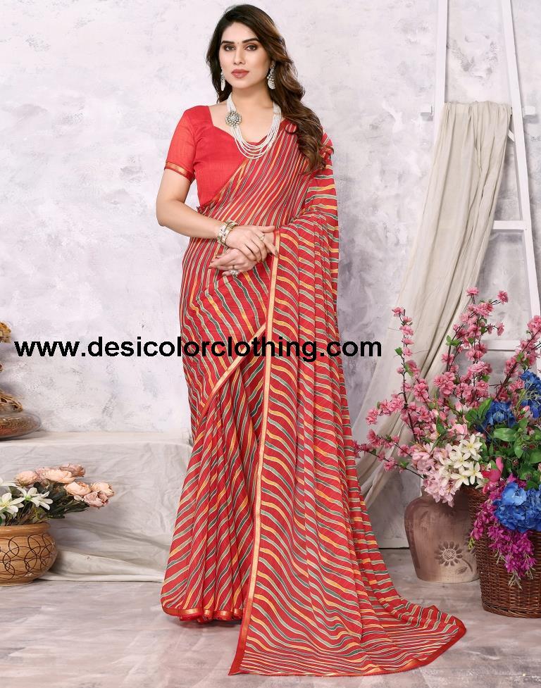 Red Chiffon Leheriya Printed Saree