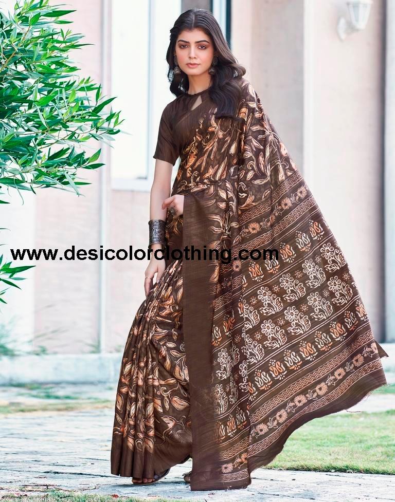 Brown Silk Printed Sarees