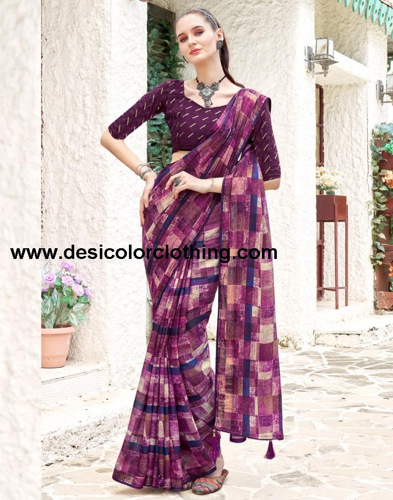 Deep Purple Georgette Printed Saree