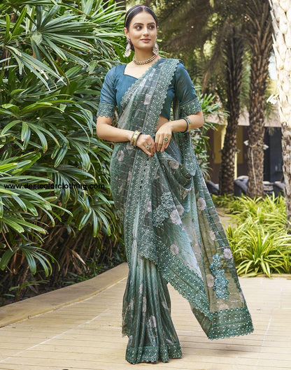 Dark Green Printed Lycra Saree