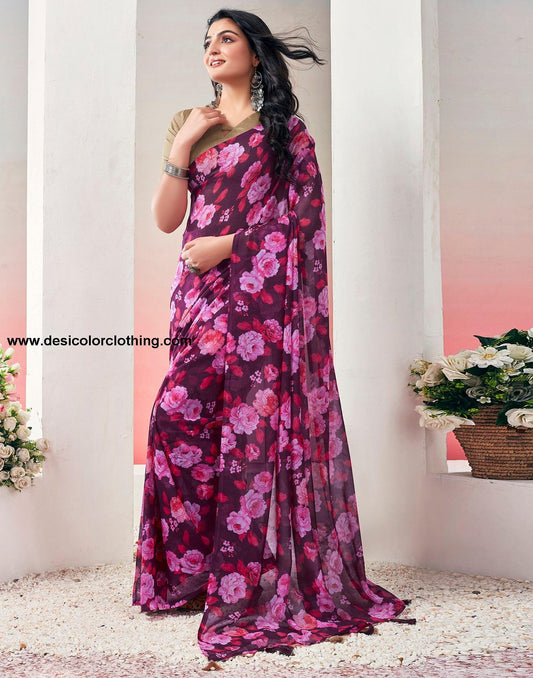 Wine Georgette Printed Ready to Wear Saree
