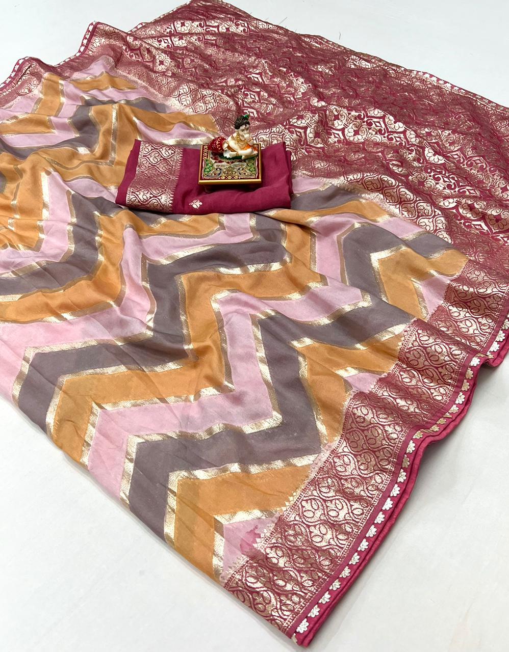 Product Image - Designer Saree with Rich Multi Zari Work & Muslin Silk Fabric