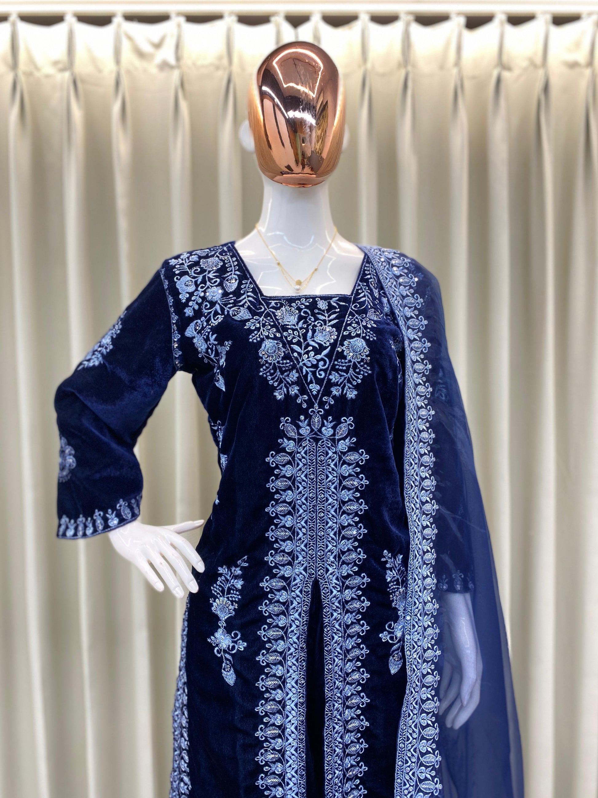 Product Image - Adorable Heavy Velvet Sequence Embroidery Work Suit with Plazo and Dupatta