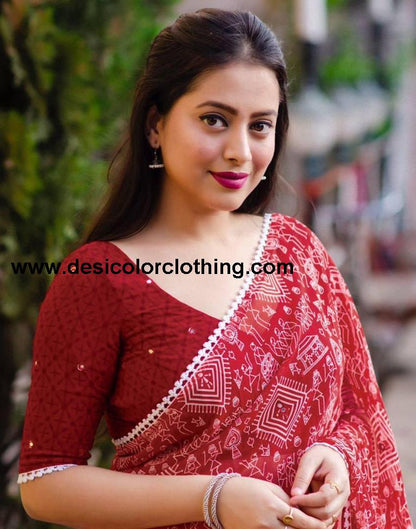 Red Georgette Printed Saree