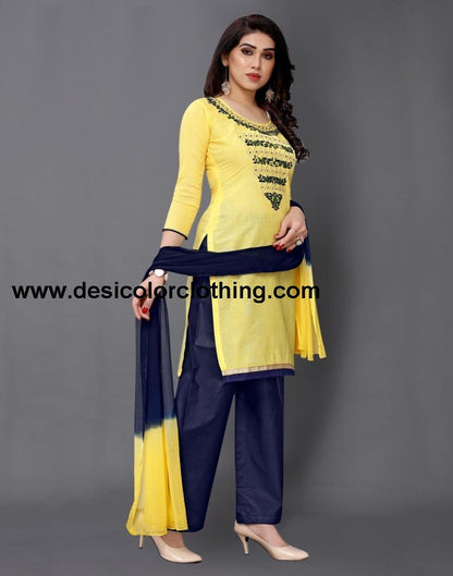 Yellow Cotton Embroidered Unstitched Salwar Suit