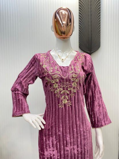 Product Image - Designer Blooming Velvet Embroidery Work Suit with Pant
