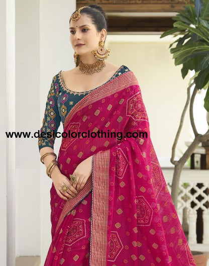 Rani Pink Chiffon Bandhani Saree