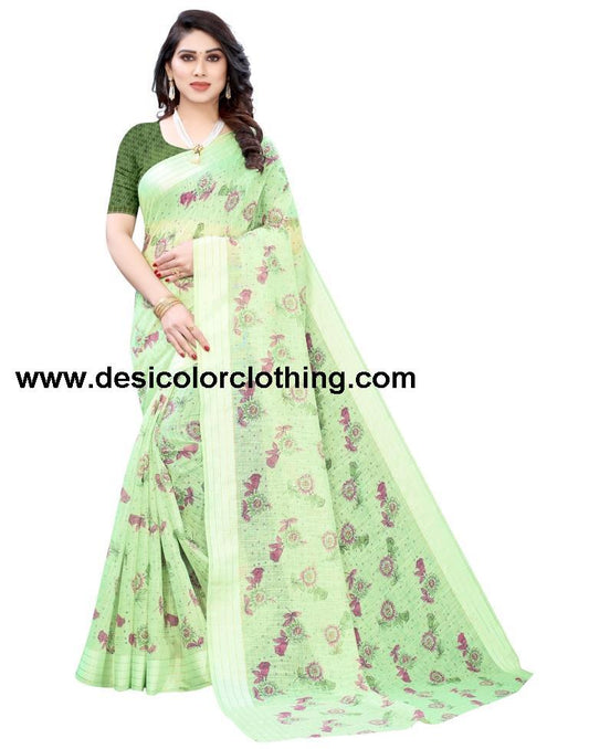 Pista Green Coloured Poly Cotton Printed Casual saree