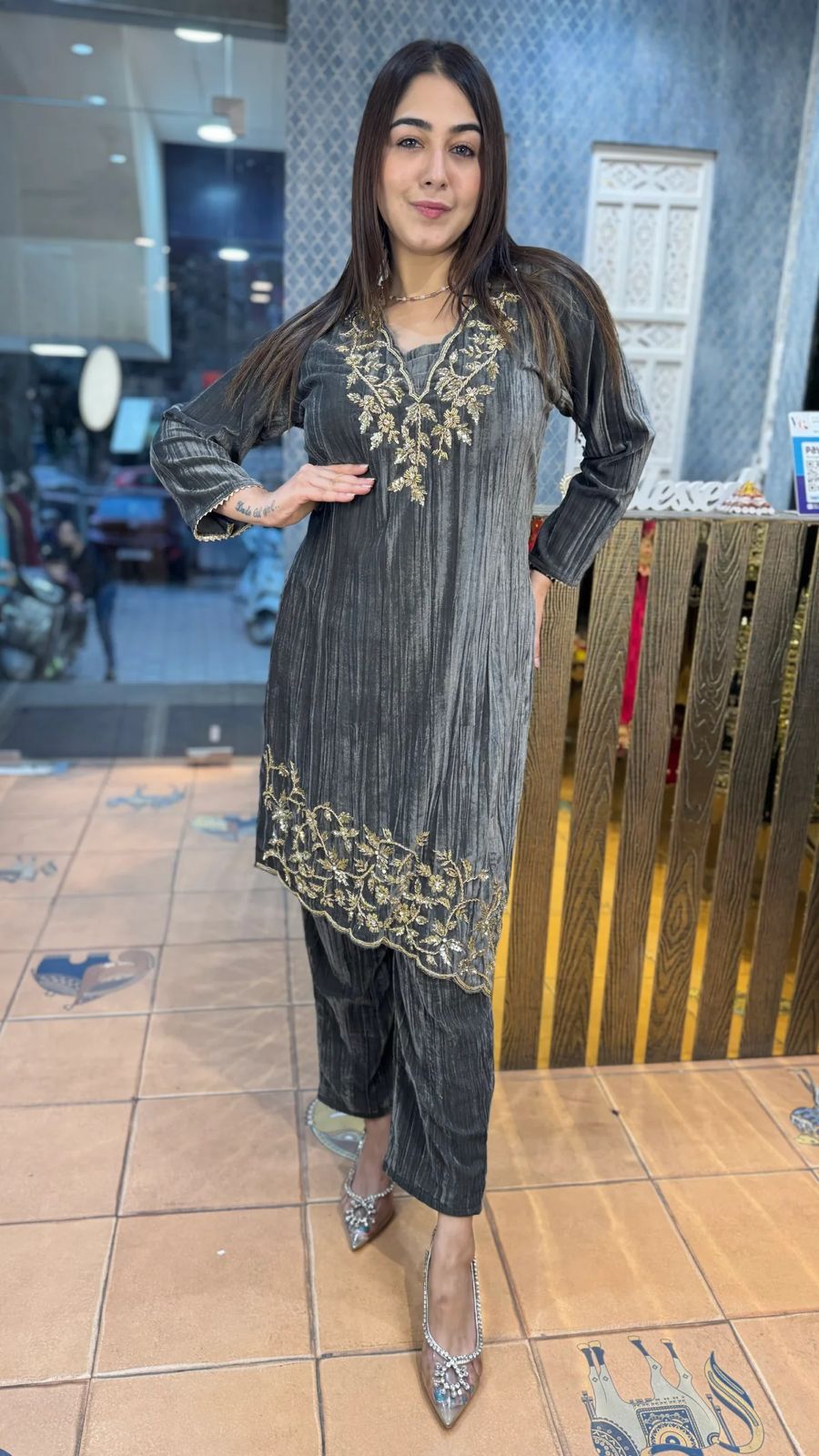 Product Image - Designer Blooming Velvet Embroidery Work Suit with Pant