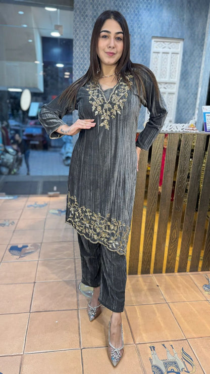 Product Image - Designer Blooming Velvet Embroidery Work Suit with Pant
