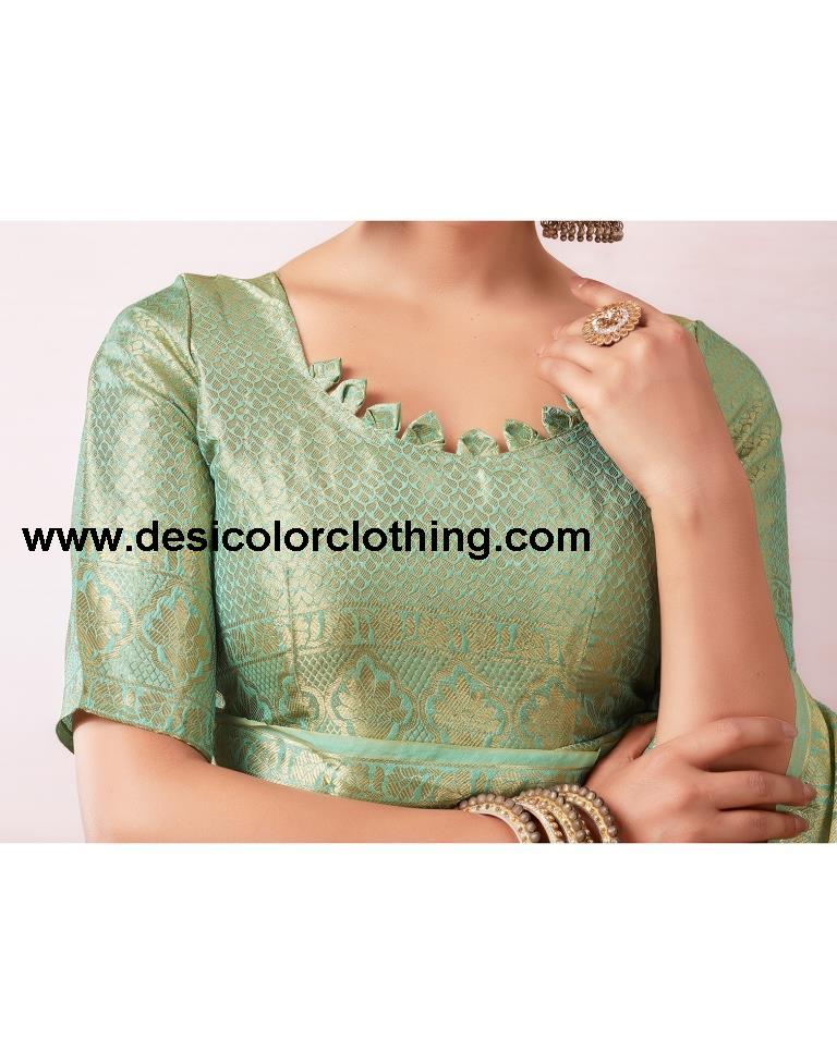 Turquoise Organza Woven Saree