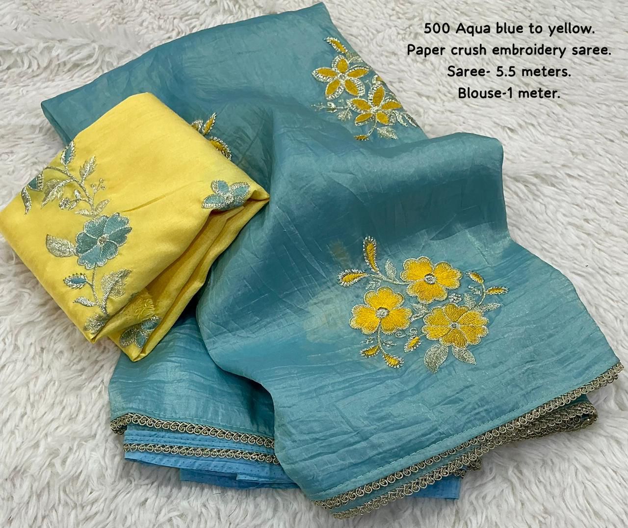 Product Image - Designer Paper Crush Saree - Aqua Blue to Yellow