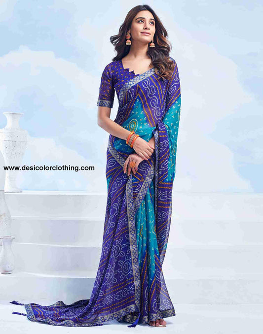 Blue Bandhani Chiffon Saree