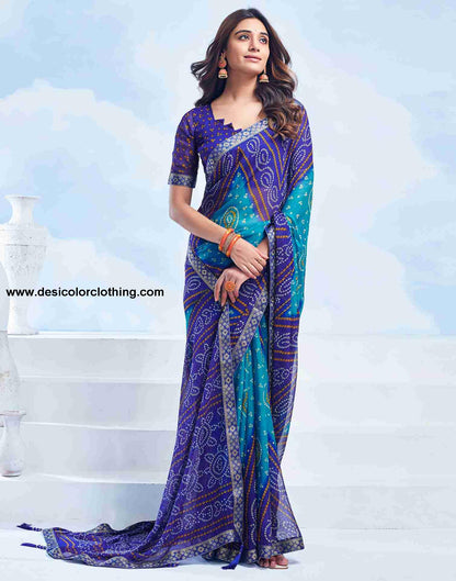 Blue Bandhani Chiffon Saree
