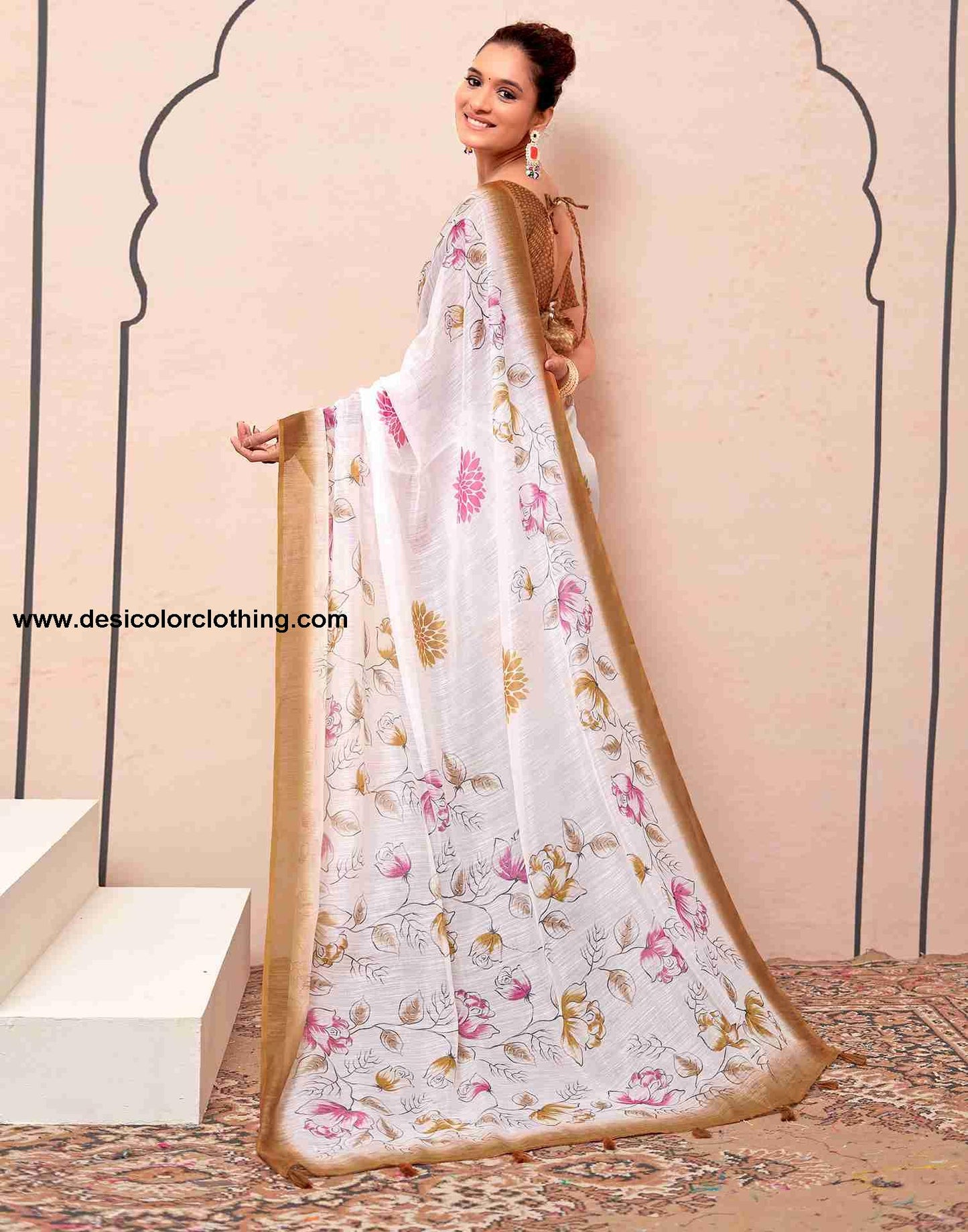 White Cotton Printed Saree