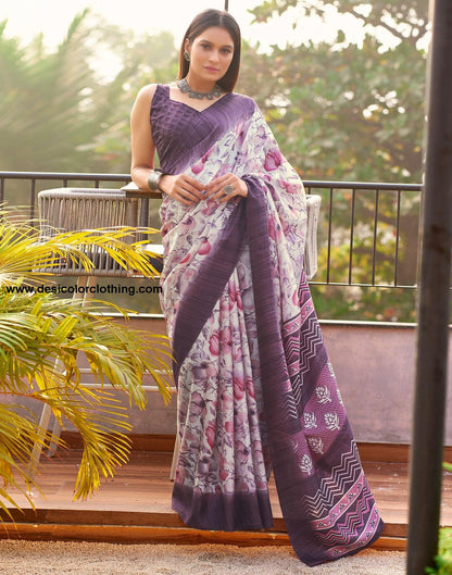 Cream Printed Silk Saree