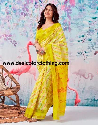Yellow Cotton Zari Saree