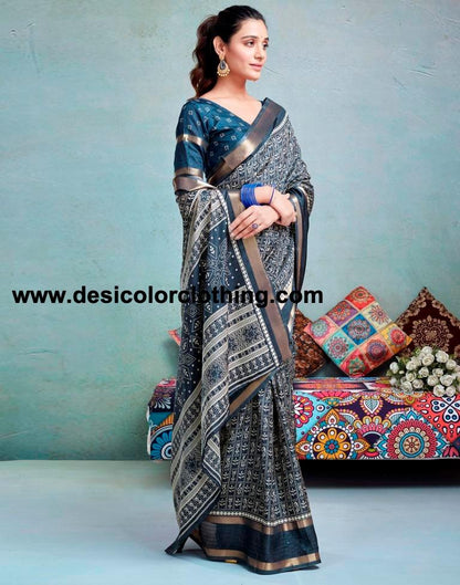 Dusty Blue Silk Printed  Saree