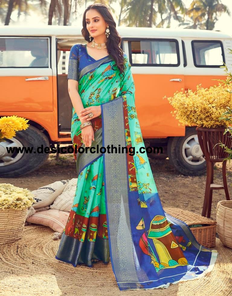Turquoise Silk Printed Ready To Wear