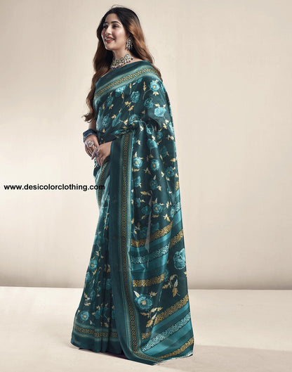 Dark Green Printed Silk Saree