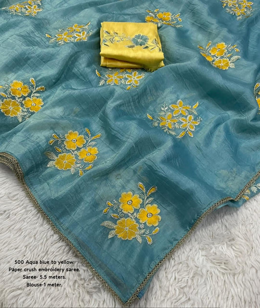 Product Image - Designer Paper Crush Saree - Aqua Blue to Yellow
