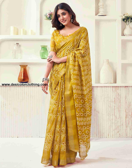 Yellow Cotton Printed Saree