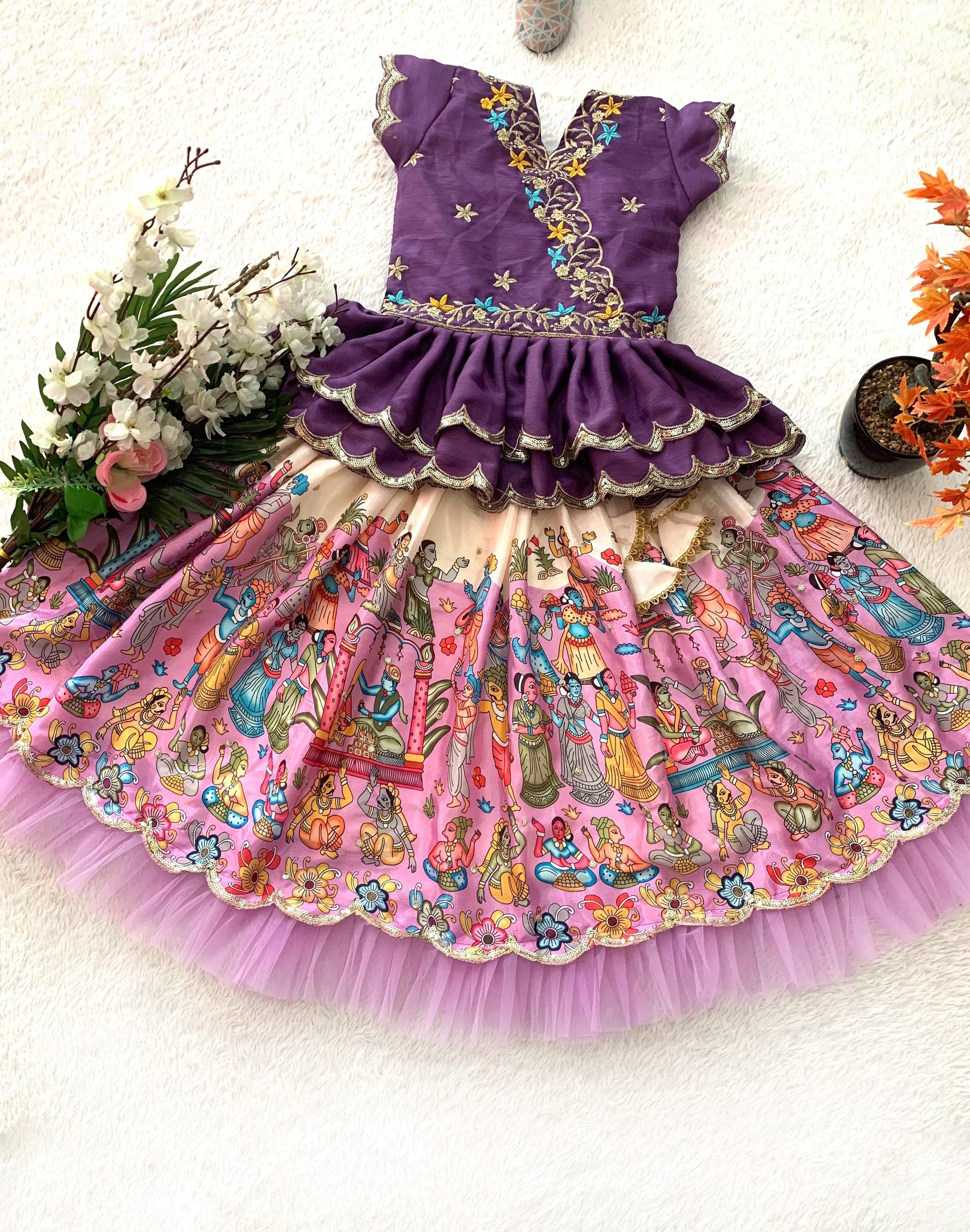 Product Image - Trending Kalam Kari Printed & Embroidered Lehenga Blouse for Kids