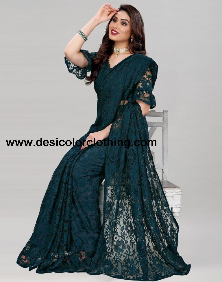 Dark Pine Green Coloured Russel Net Partywear saree