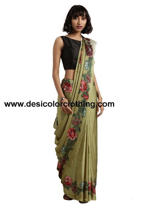 Beige Printed Satin Saree