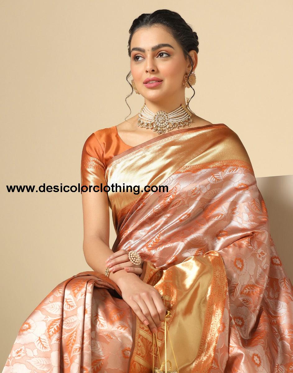 Rust Orange Banarasi Silk Saree