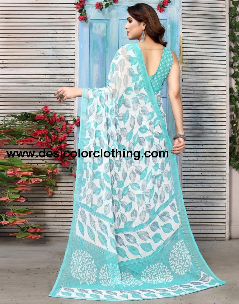 Turquoise Chiffon Printed Saree