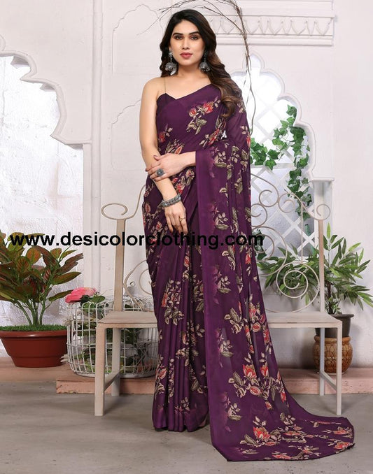 Wine Georgette Floral Printed Saree