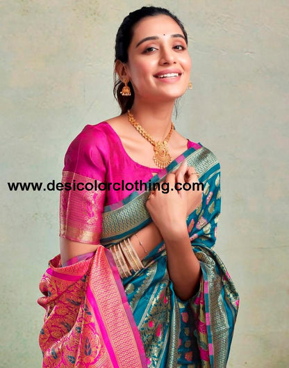 Teal Blue Silk Woven Saree