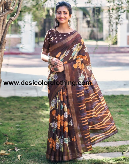 Dark Brown Cotton Printed Saree