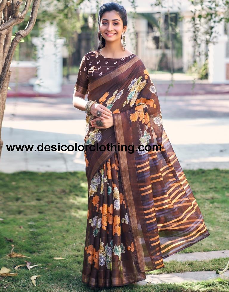 Dark Brown Cotton Printed Saree
