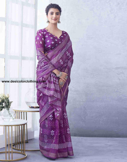 Purple Cotton Printed Saree