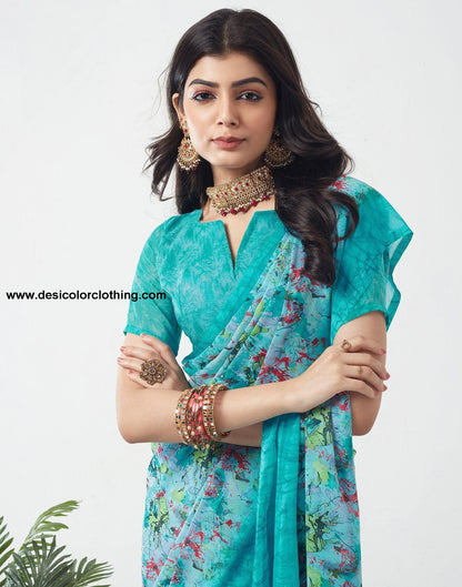 Turquoise Printed Georgette Saree