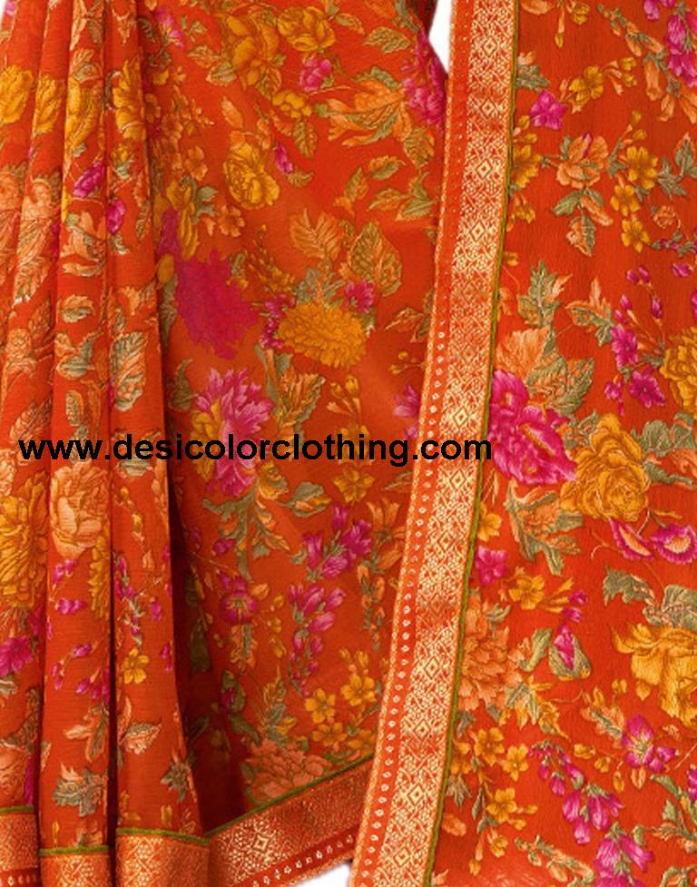 Orange Printed Chiffon Saree | 1976S512