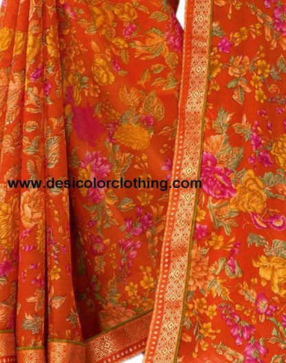 Orange Printed Chiffon Saree | 1976S512