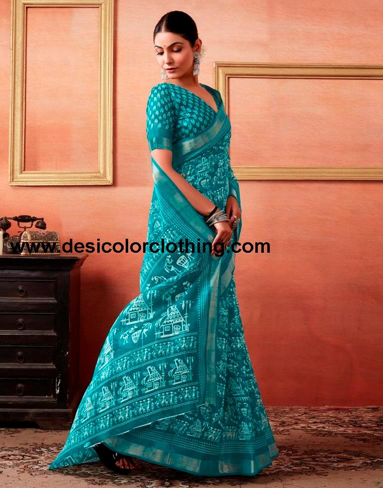 Teal Blue Cotton Zari Saree