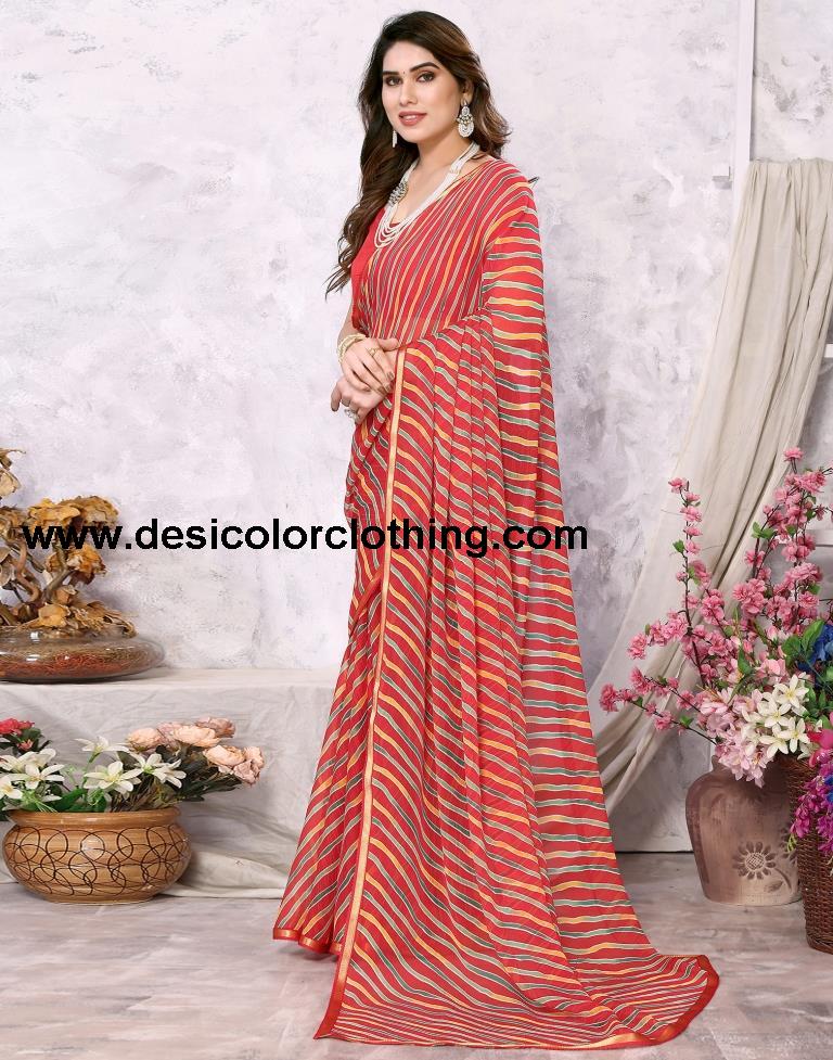 Red Chiffon Leheriya Printed Saree