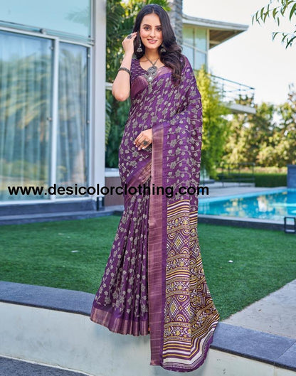 Voilet Silk Printed Saree