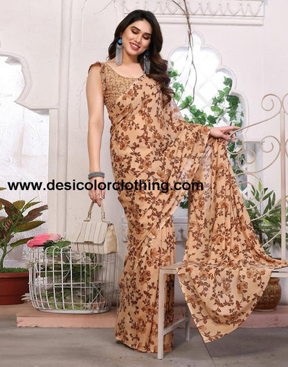 Brown Georgette Floral Printed Saree