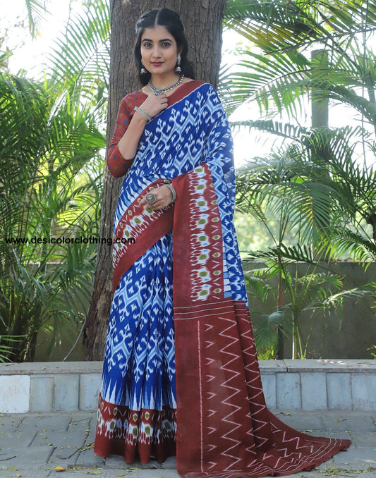 Blue Cotton Printed Saree