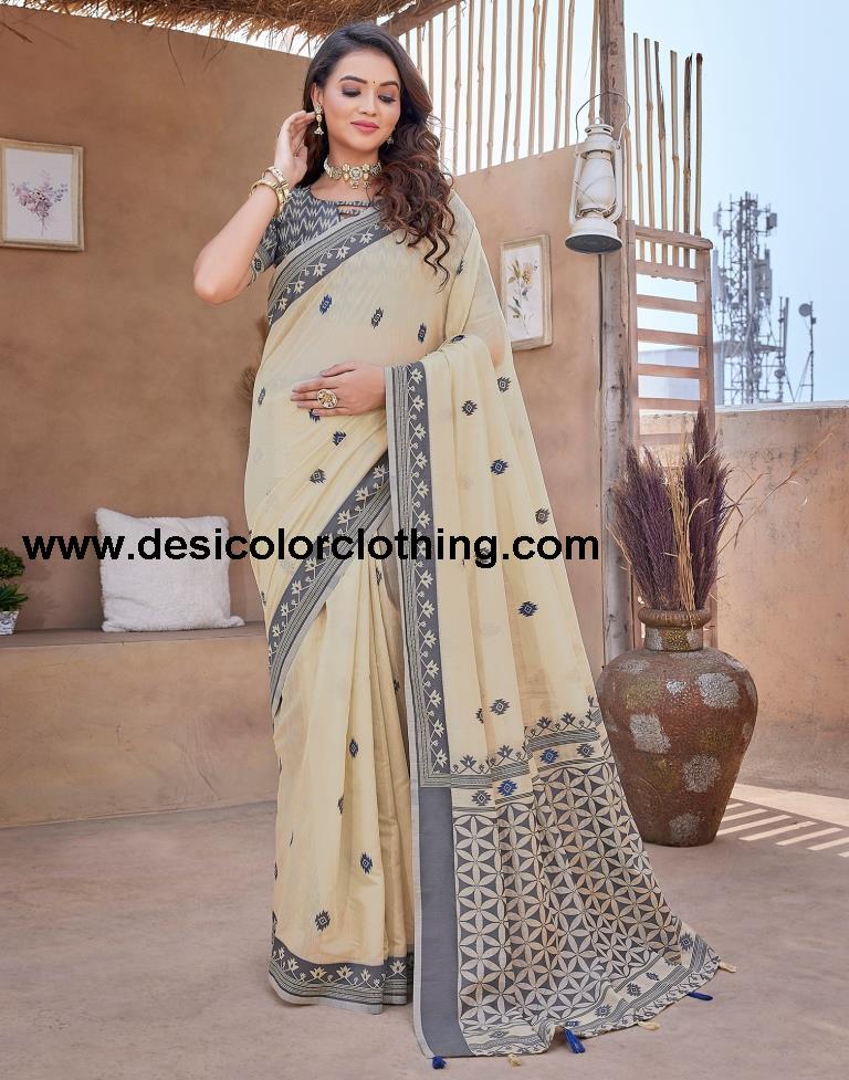 Beige Silk Plain Sarees