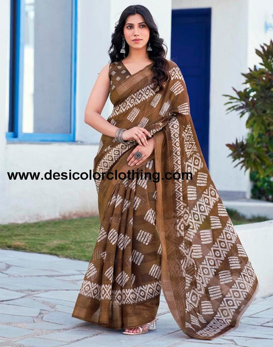 Brown Printed Cotton Saree