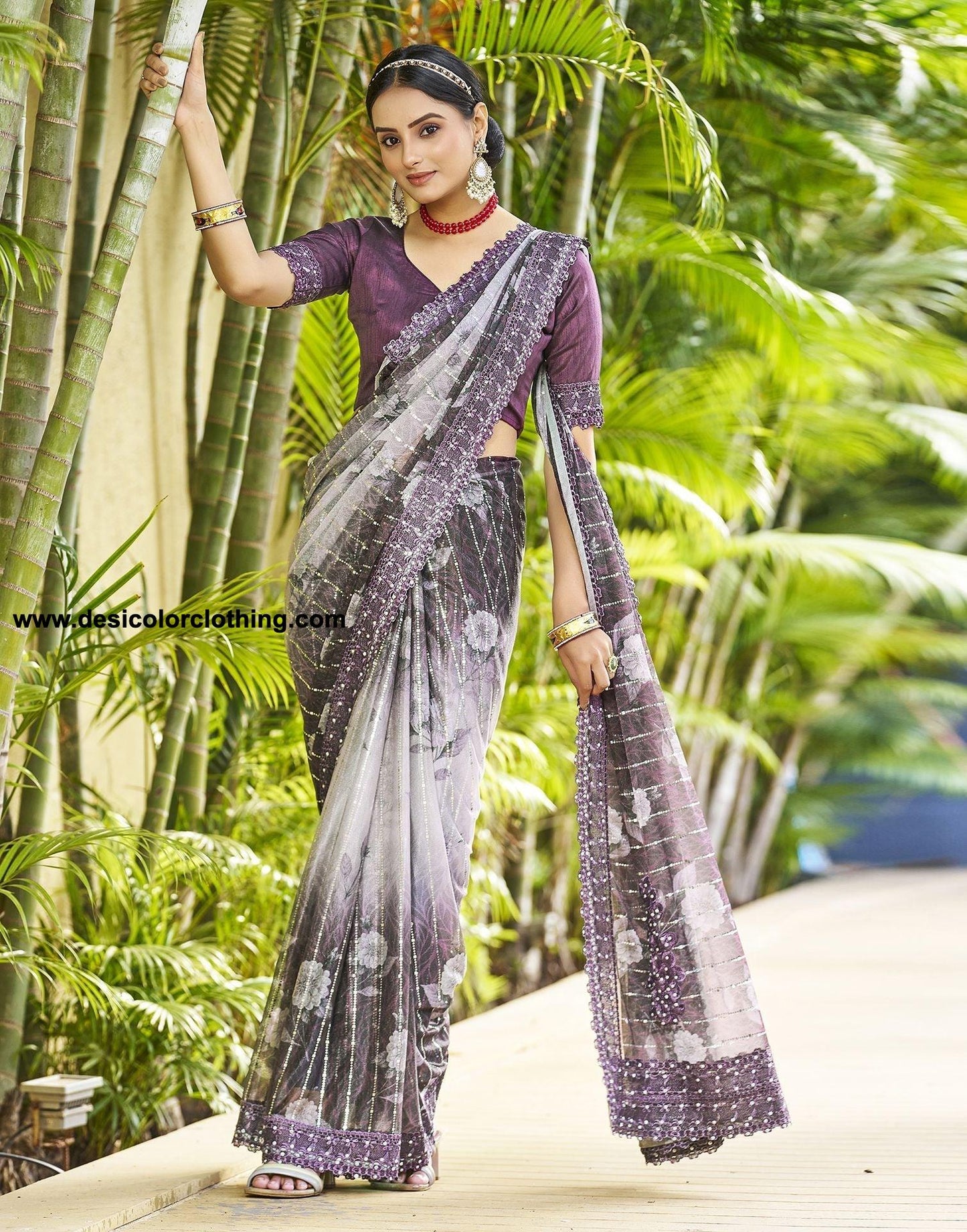 Wine Printed Lycra Saree