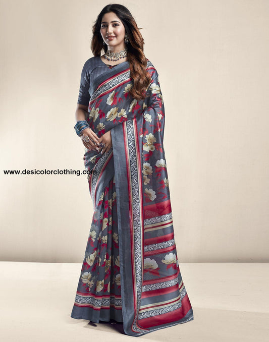Dark Grey Printed Silk Saree